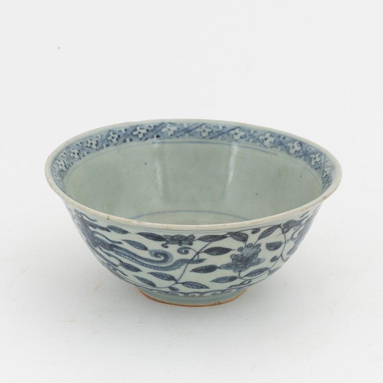 A blue and white phoenix bowl, Mingstyle.  China, 20th Century.