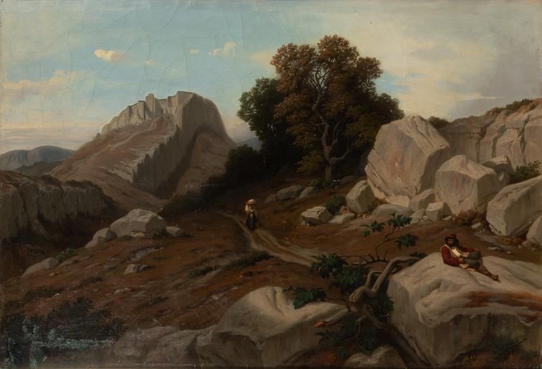 Édouard Bertin, attributed to, Mountain landscape with shepherd and wandering woman.