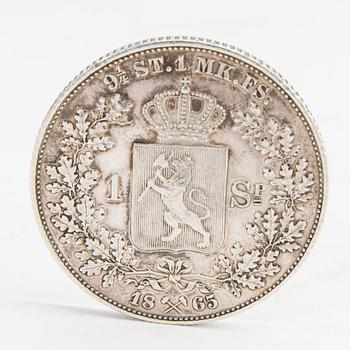 Mynt silver Norge, 1 Speciedaler, 1865, Karl XV kung av Norge och Sverige.
