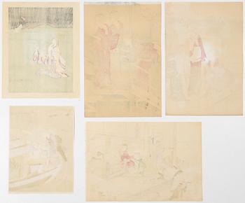Fem träsnitt ur mapp utgiven av Tokyo Bijutsu Kankokai (Tokyo Art Publishing Association", tidigt 1900-tal.