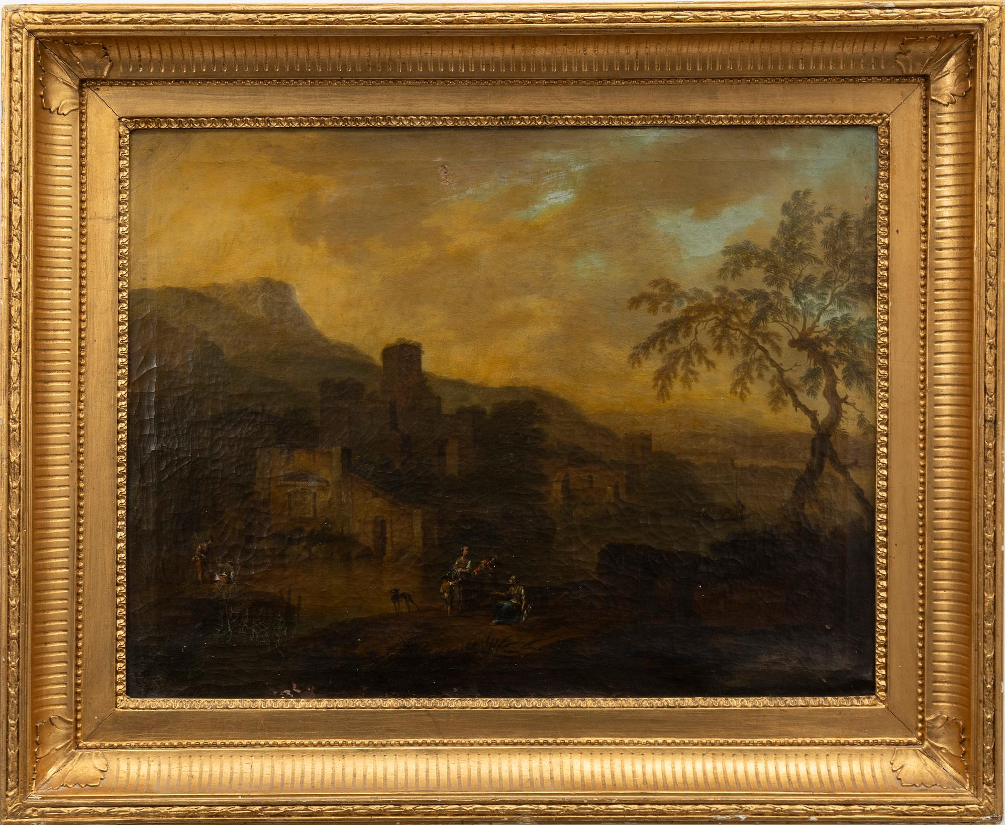 Johan Christian Vollerdt, circle of, Translation: "Flooded landscape with figures by a castle ruin".