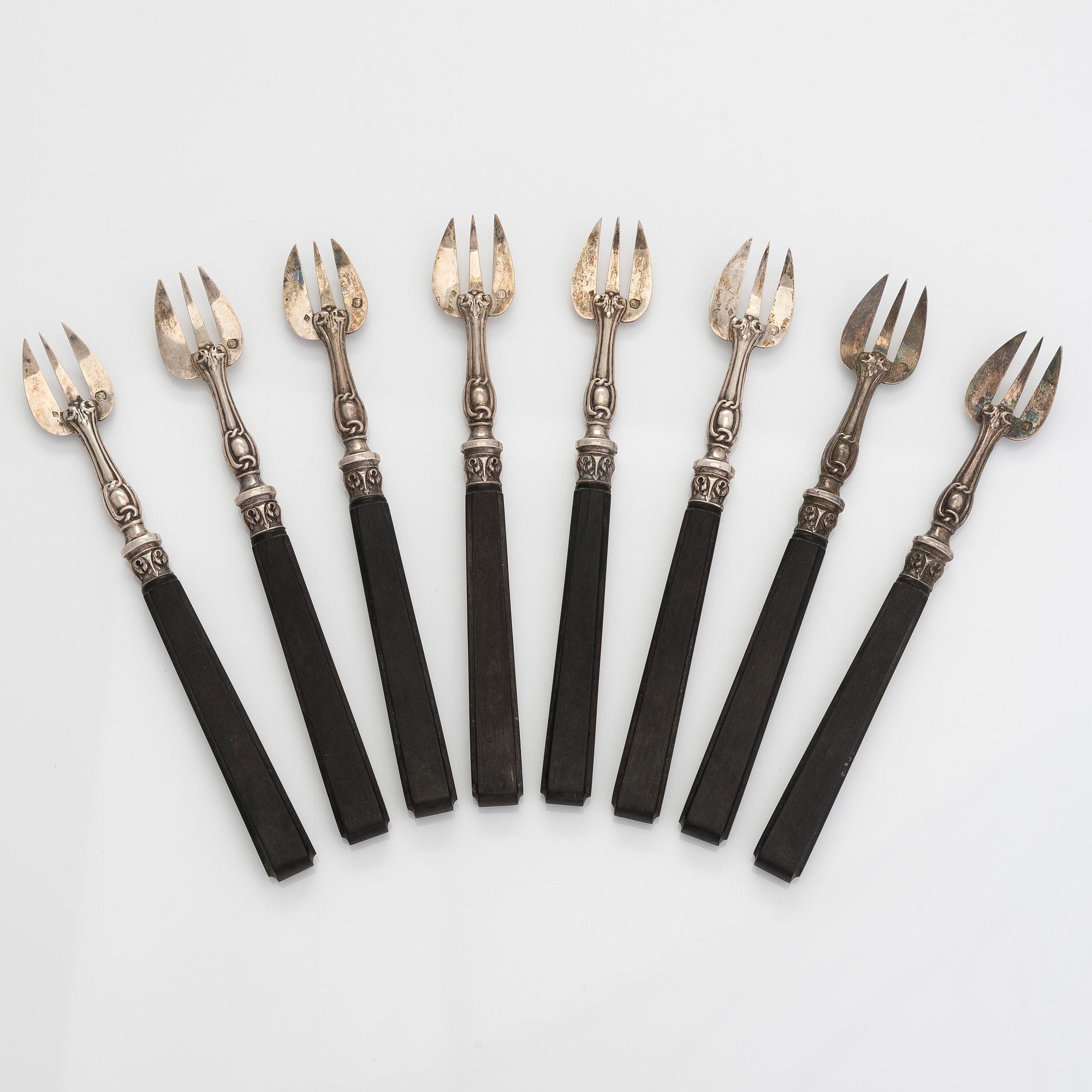 Ostrongafflar, 8 st, silver, Frankrike, 1800-talets slut.