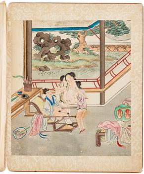 694. Okänd konstnär, akvarell och tusch på siden, tre stycken i bok. Qingdynastin, 1800-tal.