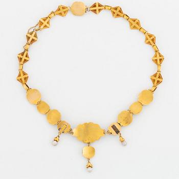 An 18K gold and enamel necklace set with pearls and half pearls.