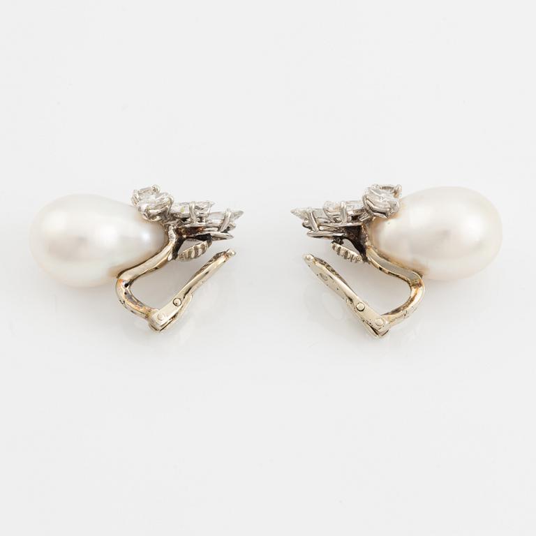 Van Cleef & Arpels a pair of earrings with drop-shaped cultured pearls and marquise and round brilliant-cut diamonds.