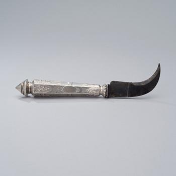 CHAMPAGNE KNIFE / WINE KNIFE, silver and iron, Wolfers Frères, Belgium turn of the 20th century.