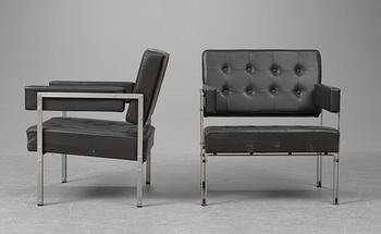Four steel framed easy chairs with dark brown leather, possibly, Antti Nurmisniemi, Finland, 1960's.