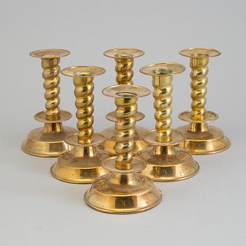 Six baroque style brass candleholders by Gottfrid Carlsson, Eskilstuna, Sweden, secodn half of the 20th century.