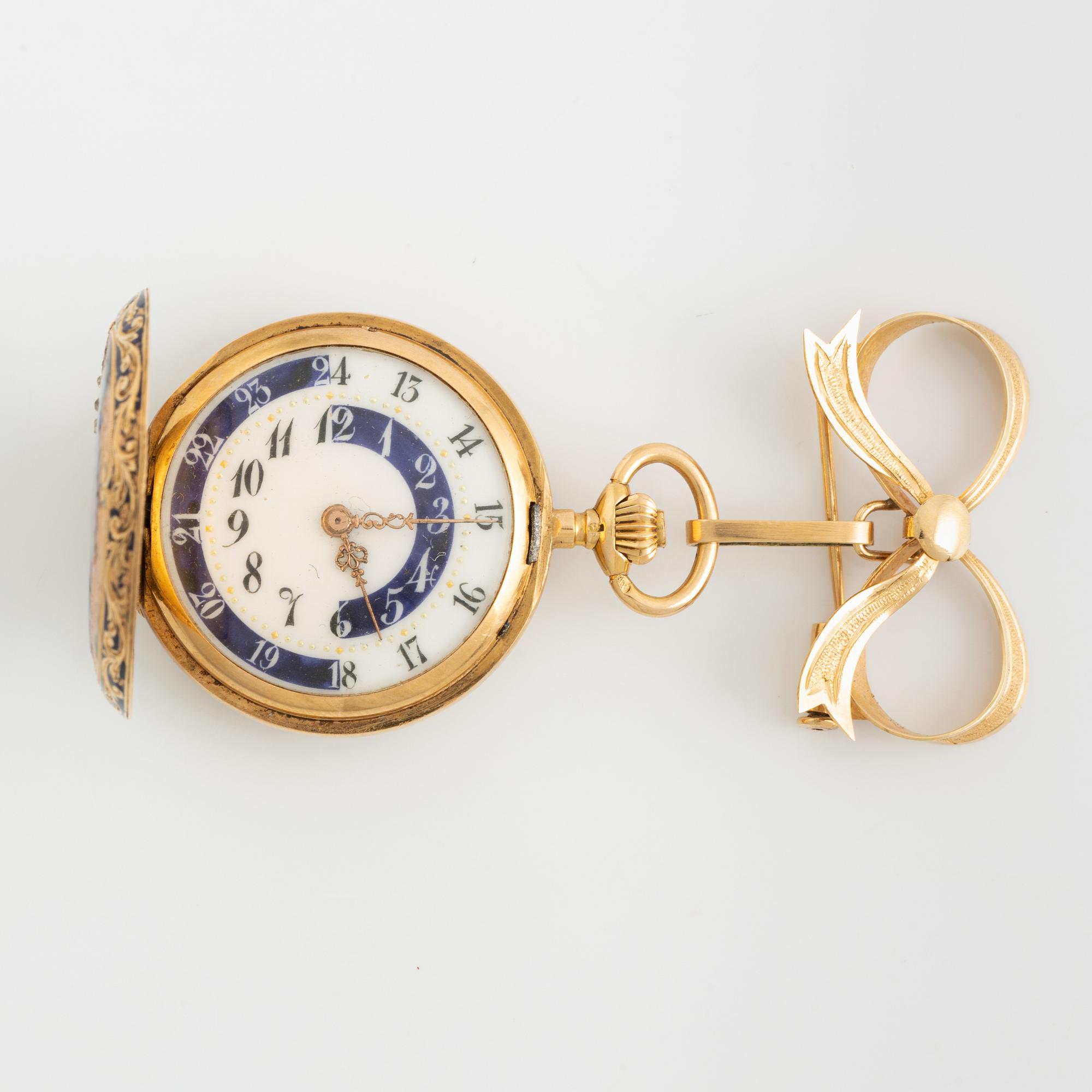 Pocket watch, 18K gold enamel, 29,5 mm.