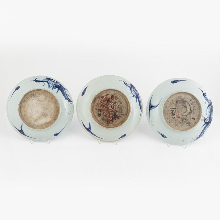 Three blue and white dishes, China, around 1900.