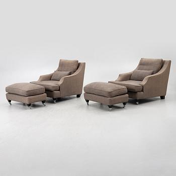 Armchairs with footstools, a pair, JIO furniture.