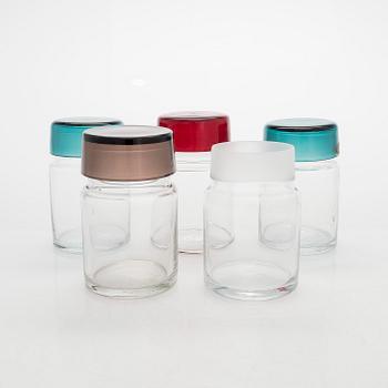 Saara Hopea, a set of five 1950s lidded spice jars for Nuutajärvi, Finland.