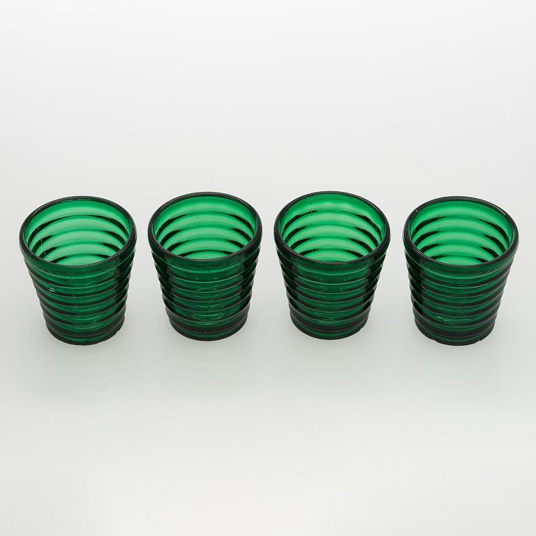 Aino Aalto, drinking glasses, 4 pcs, model 4052, and plate 'Bölgeblick', Karhula Glassworks, 1930s.