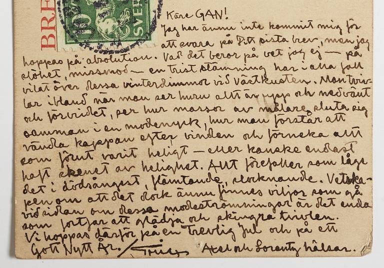 ERIK OLSON, illustrated postcard/Christmas card addressed to GAN (Gösta Adrian-Nilsson) in Paris, postmarked 16/12 1921.