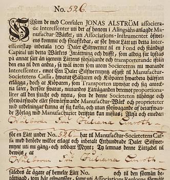 A Swedish share certificate, Ahlingsåhs Manufaktur Werk, No 526, 1728.