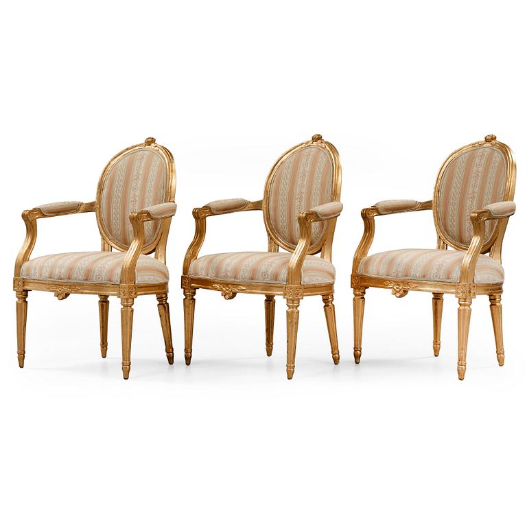 Three Gustavian armchairs by E Öhrmark, master 1777.