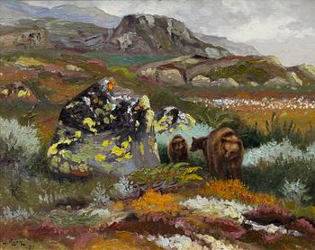 Johannes Ravn, Brunbjörn med ungar på fjället.