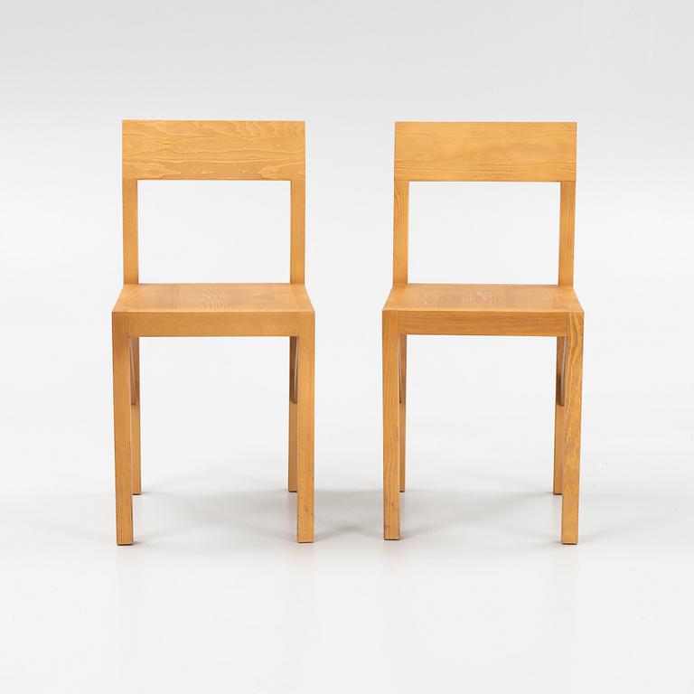 A pair of signed stained pine 'Bracket Chairs' by Frederik Gustav for Frama, Copenhagen 2023.