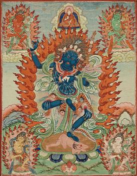 191. A Tibeto-Chinese Tsagli of Vajravarahi in her black fierce-full form, 19th Century.