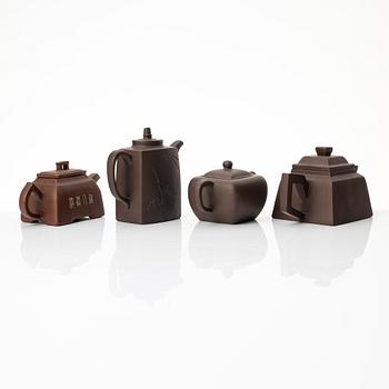 A group of four square yixing teapots, China, 1970/80s.