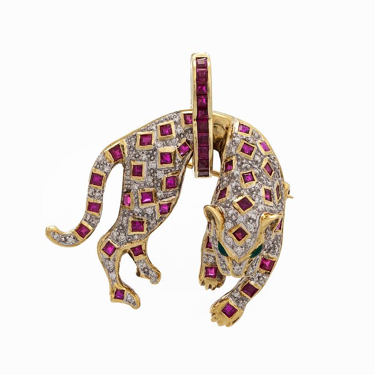 Hänge/brosch, panter, 18K guld, diamanter, rubiner och smaragder.