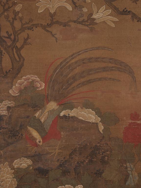 A scroll painting, ink and colour on silk laid on paper, by anonymous artist, late Ming/early Qing dynasty.