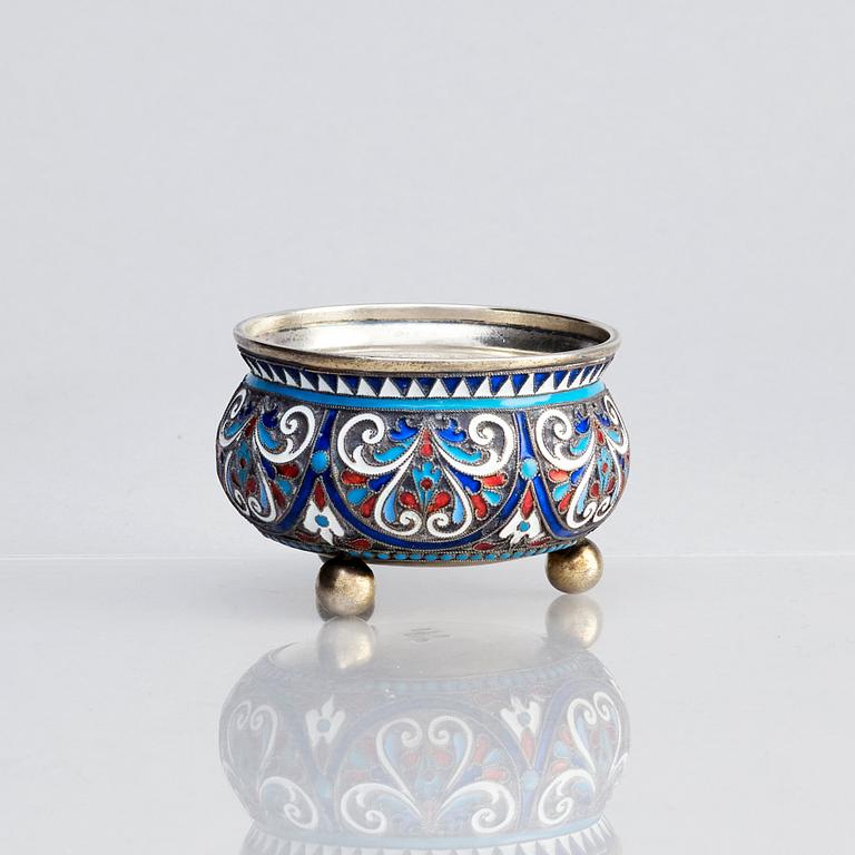 A Russian cloisonné enamel, silver salt cellar, mark of Nikolai Aleksejev, Moscow 1893.