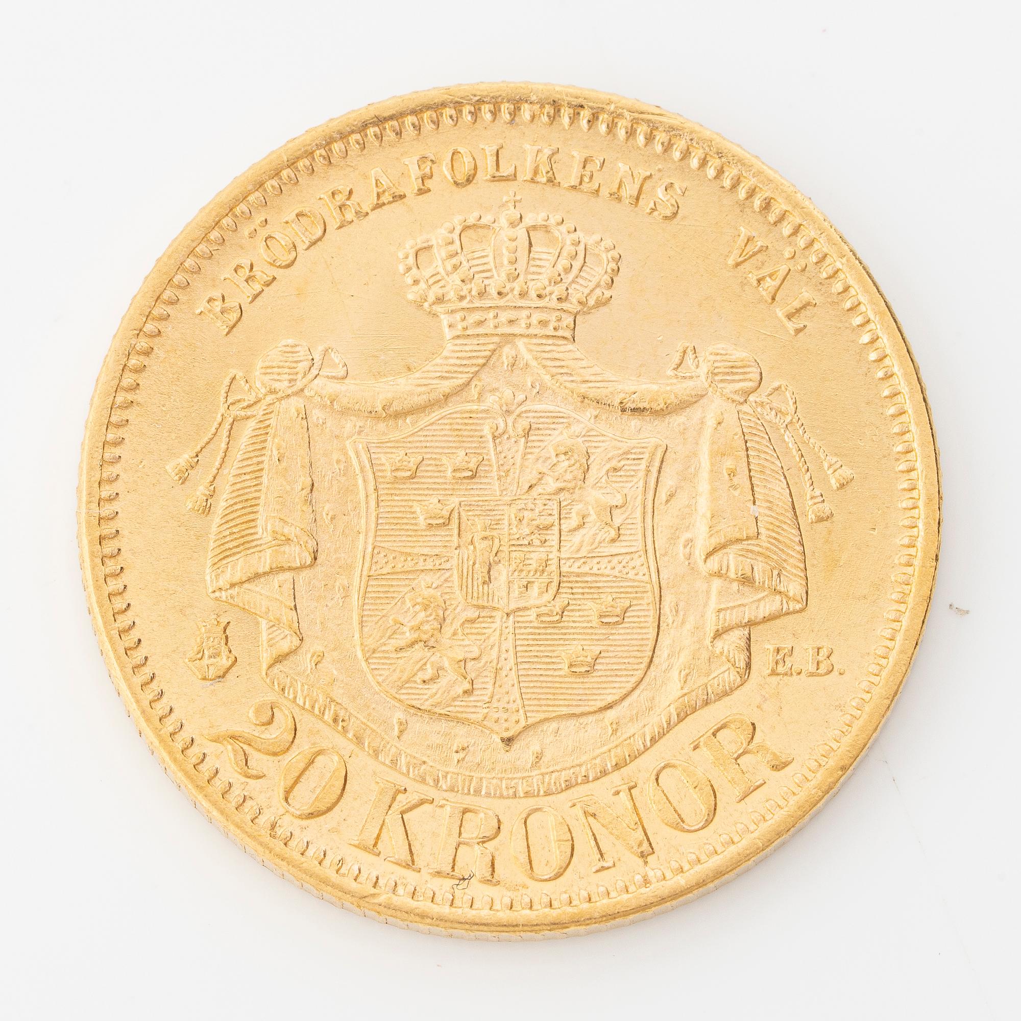 Gold coin, Oscar II, 20 kronor, type II, Sweden 1876.