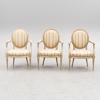 A set of three presumably Danish Louis XVI armchairs, late 18th century.