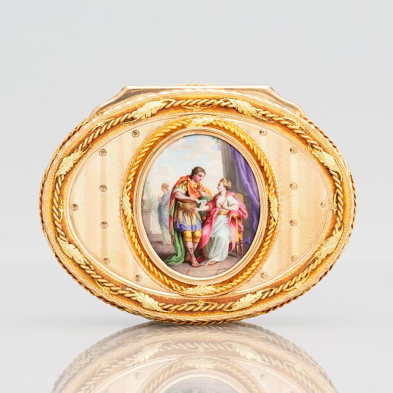 Dosa, guld en deux colour och emalj, sannolikt Hanau sent 1700-tal, Louis XVI.