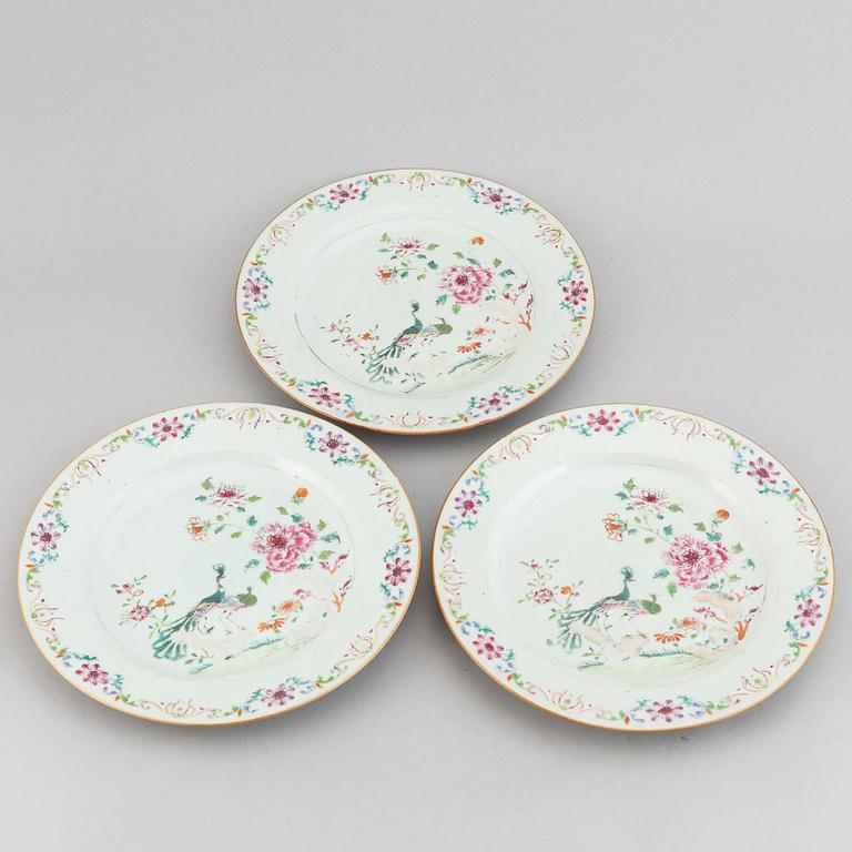 Three famille rose 'double peacock' plates, Qing dynasty, Qianlong (1736-95).