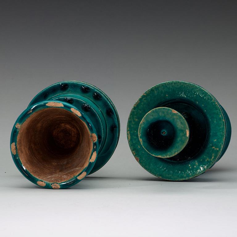 A pair of tukoise glazed alatar sticks, Qing dynasty, 19th Century.