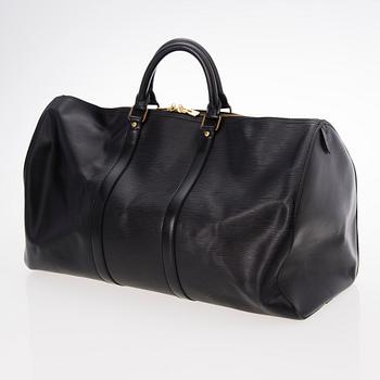 LOUIS VUITTON A BLACK EPI LEATHER KEEPALL 50 TRAVEL BAG.