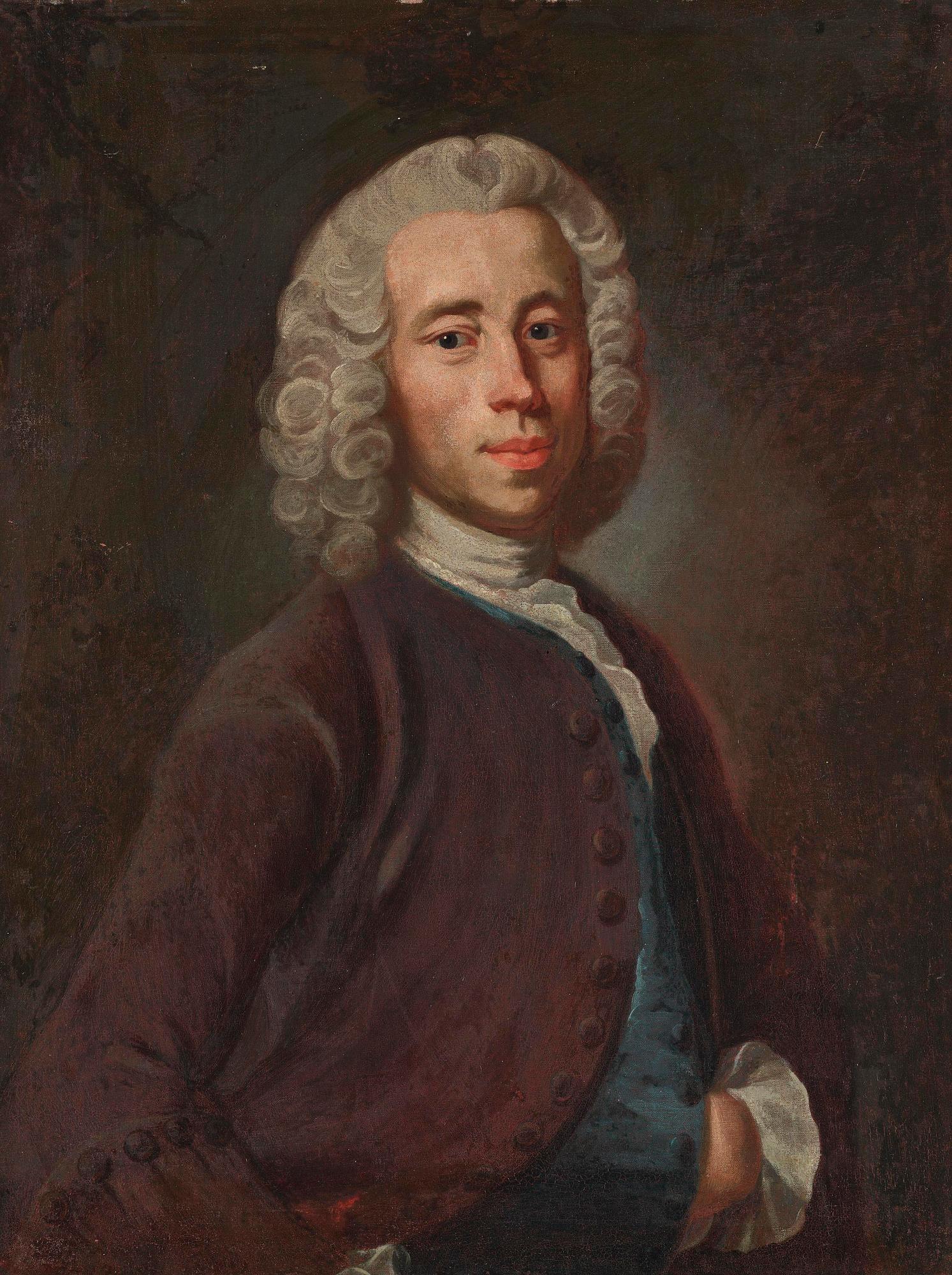 Olof Arenius, attributed to, Man in a brown coat and blue waistcoat, waist-up portrait.