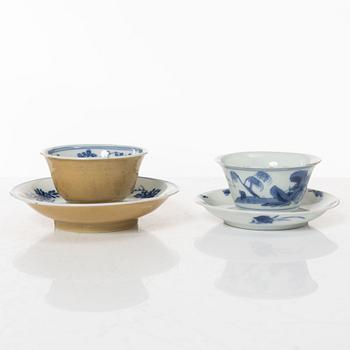 A group of three cups with saucers and two cups, Qing dynasty, 18th century.