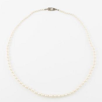 Necklace of cultured pearls with an old-cut diamond clasp in 18K gold.