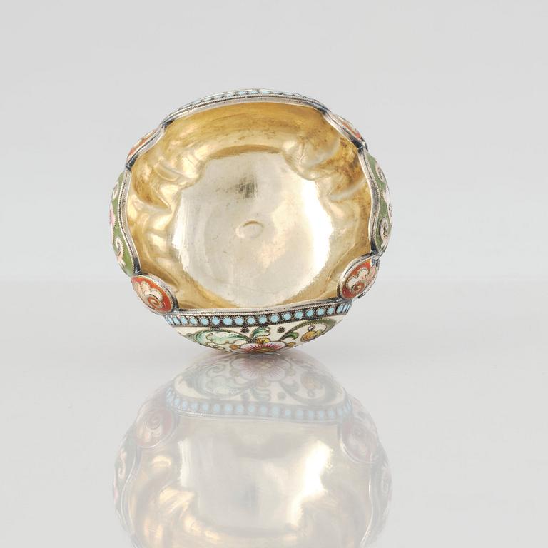 A Russian early 20th Century silver-gilt and enamel salt cellar. Assayer's mark Ivan Lebedkin.