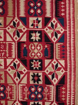 A flat weave bed cover, c. 182 x 126 cm, Gärds district, northeastern Scania, signed AO HID IOS, dated 1837.