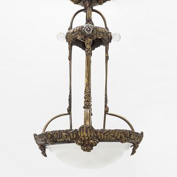 An Art Nouveau glass and brass ceiling light, Arvid Böhlmarks Lampfabrik, early 20th Century.