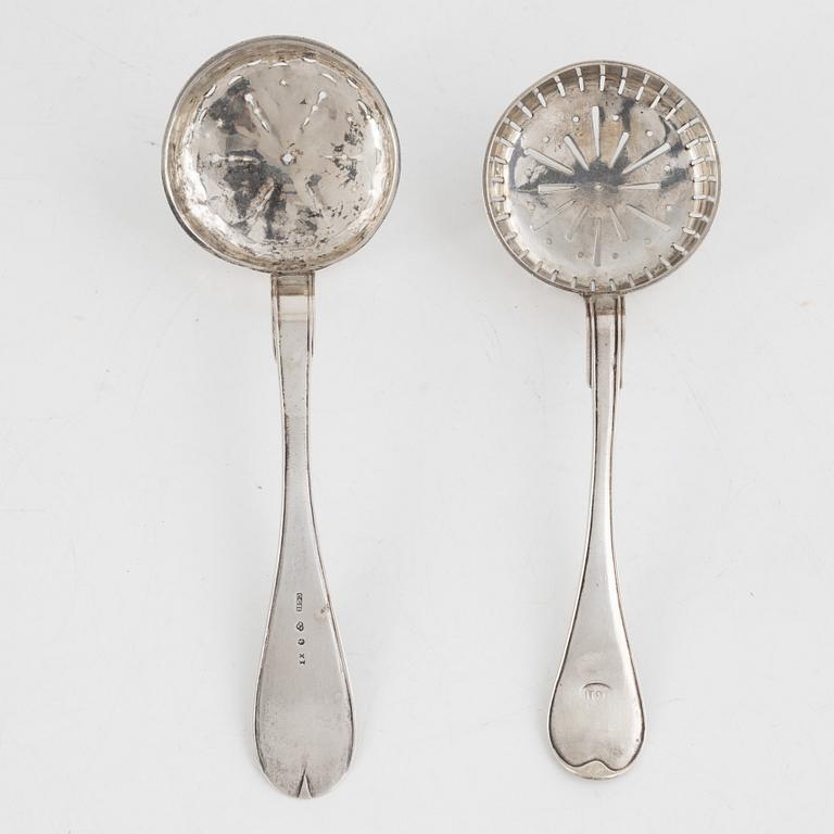 Two Swedish Silver Sprinkle Spoons, marks of  Nils Arf, Stockholm 1790, and Carl Gustaf Hjulström, Köping 1828.