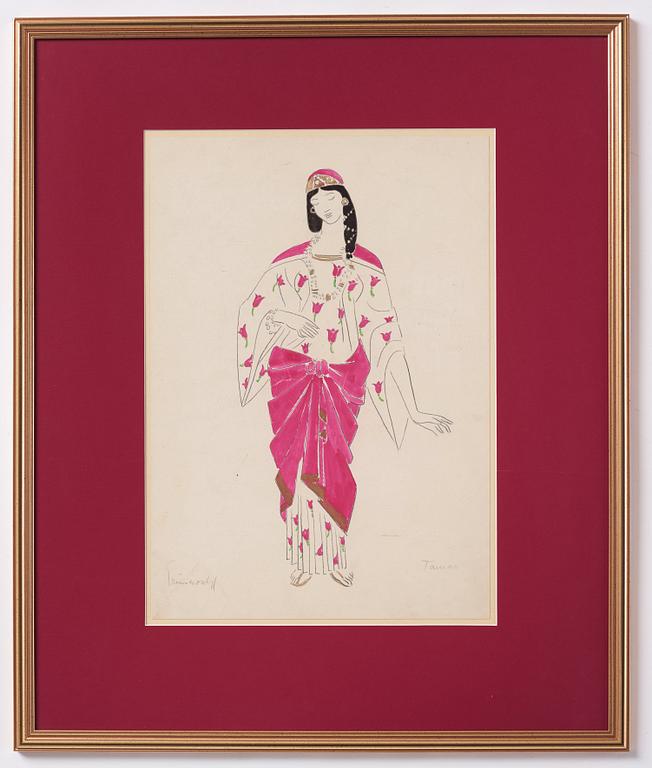 Isaac Grünewald, Costume sketch - woman in a dress with rose pattern.