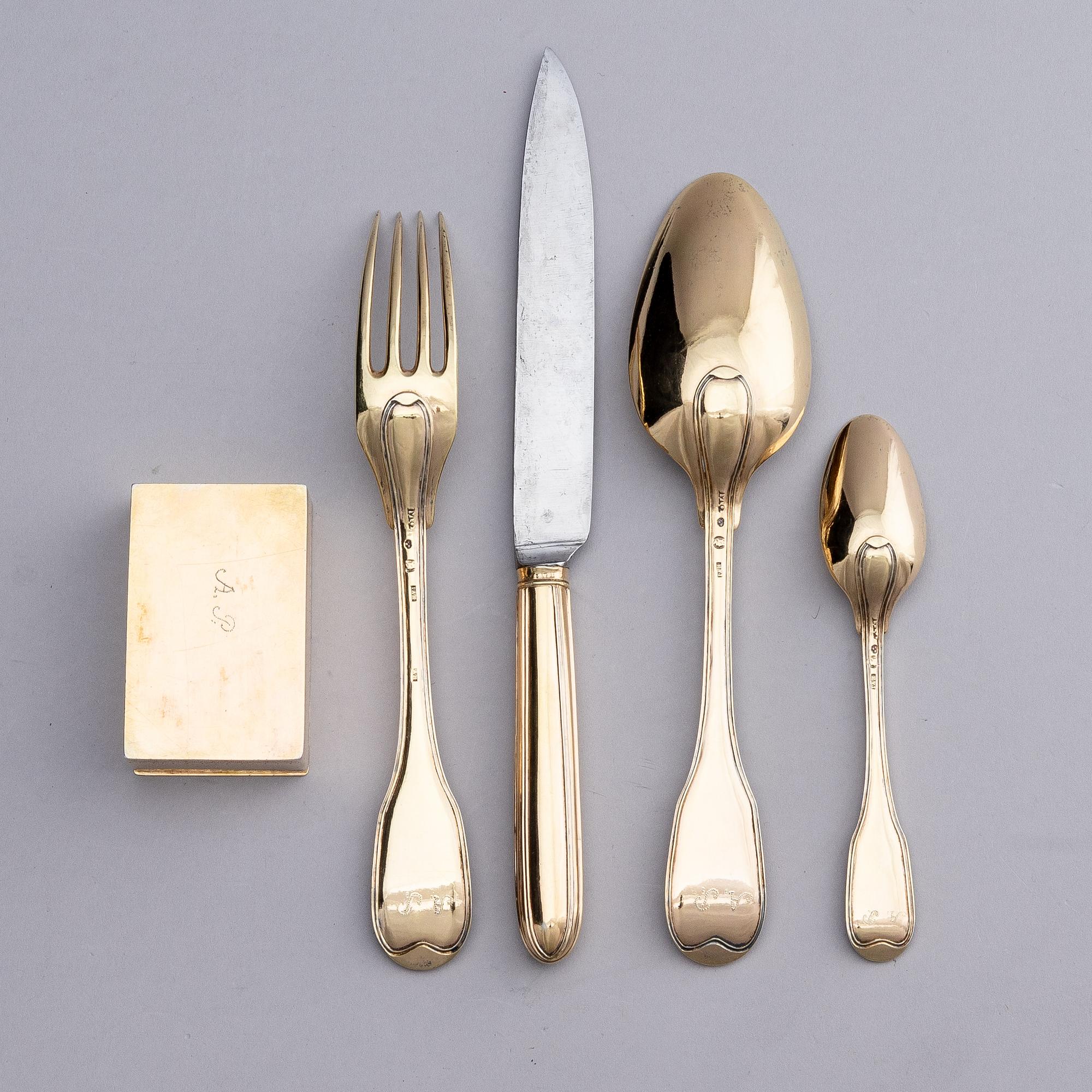 A set of five pieces gilt-silver travel cutlery, mark of Johan Abraham Hallard, Stockholm 1794.