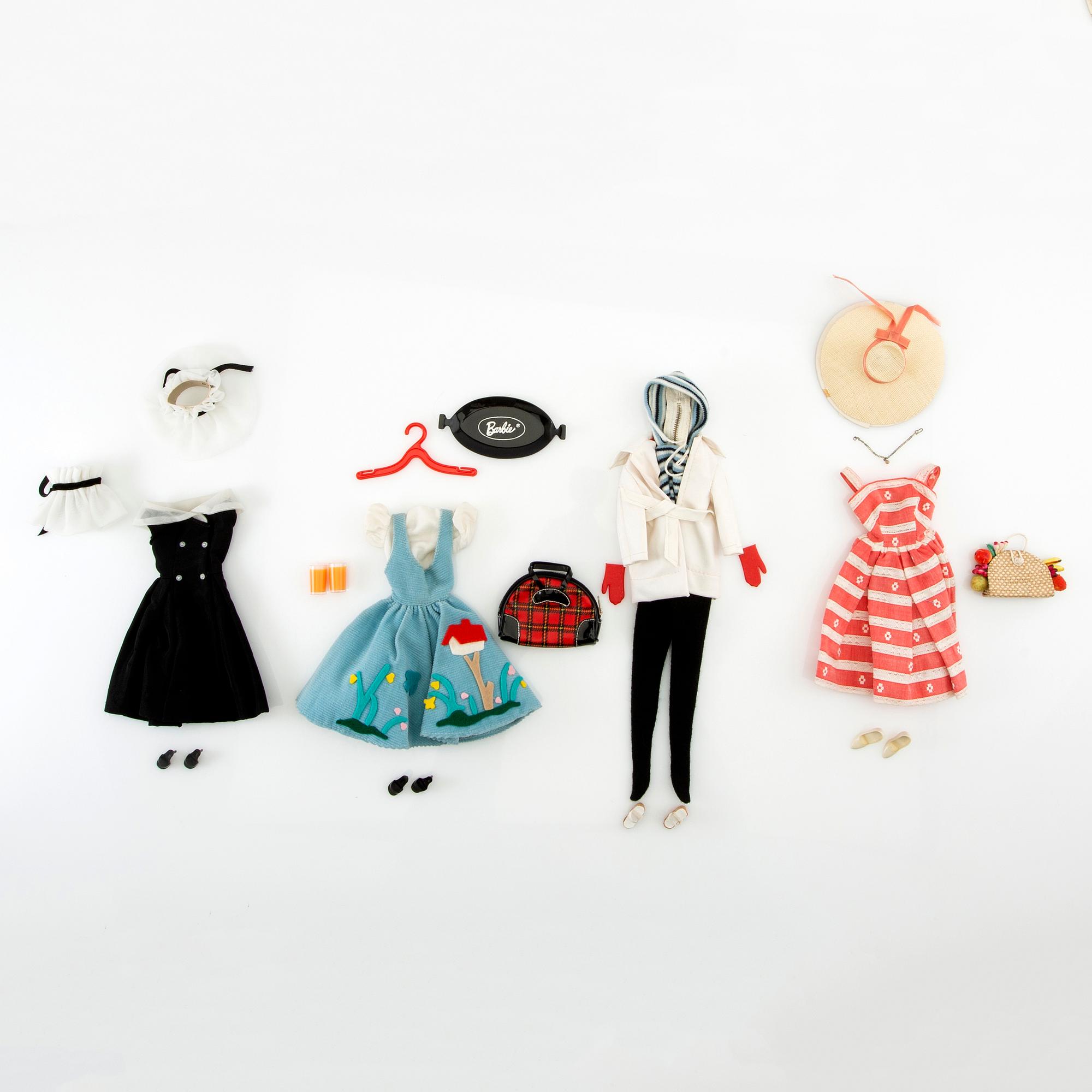 Barbie clothes 4 sets. Vintage, including "Busy Morning" Mattel 1963, "Winter Holiday", Mattel 1959-63.