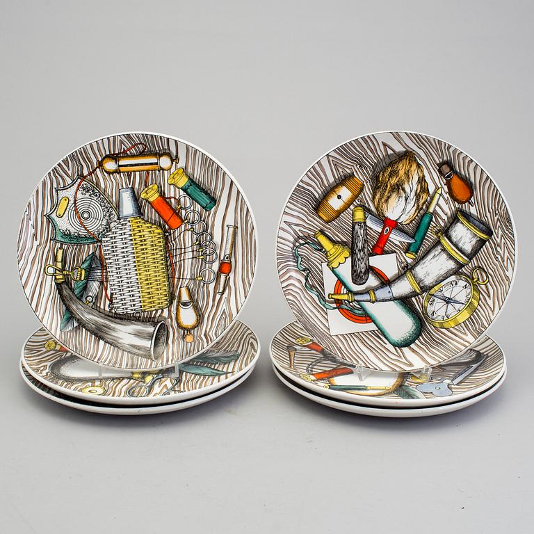 FORNASETTI, tallrikar, 6 st, "Oggetti Caccia", flintgods, Milano, Italien, 1950/60-tal.