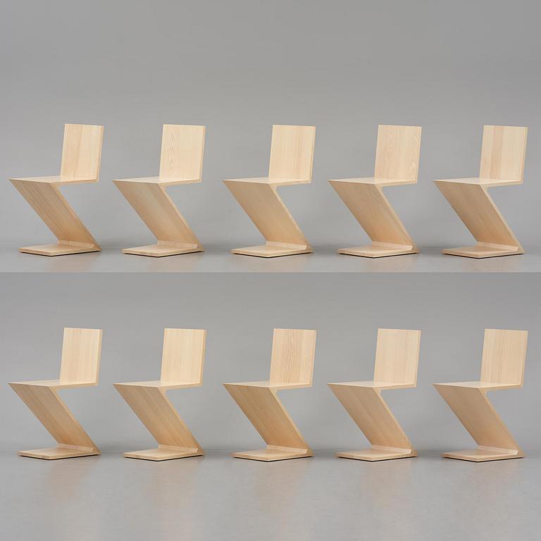 Gerrit Rietveld, a set of ten "Zig Zag" chairs, Cassina, Italy.