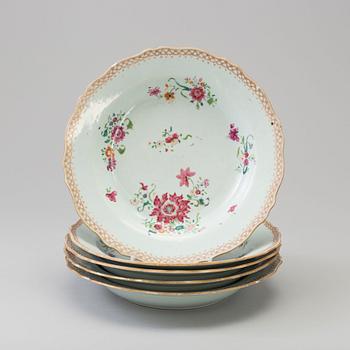 Five famille rose export porcelain soup plates, Qing dynasty, Qianlong (1736-95).