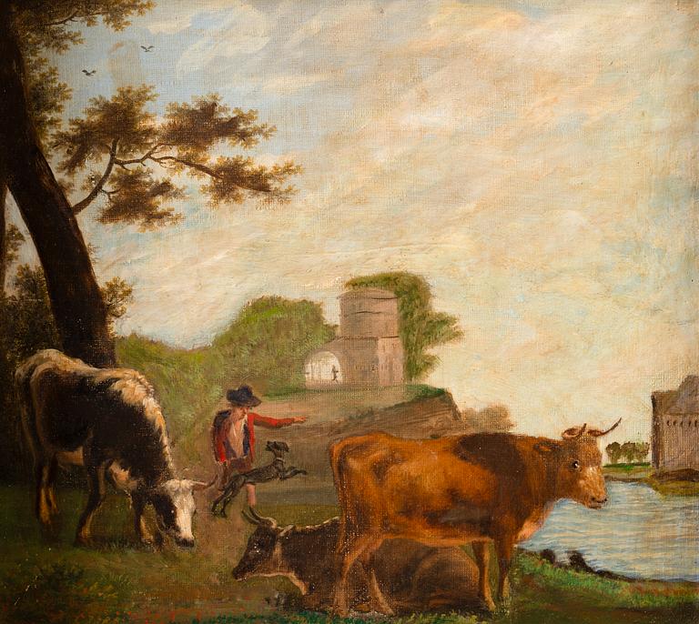 Paulus Potter, in the manner of, Pastoral landscape with cows.