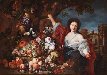 495. Abraham Brueghel & Guillaume Courtois Tillskriven, Allegorisk kvinnofigur med blommor och frukter.