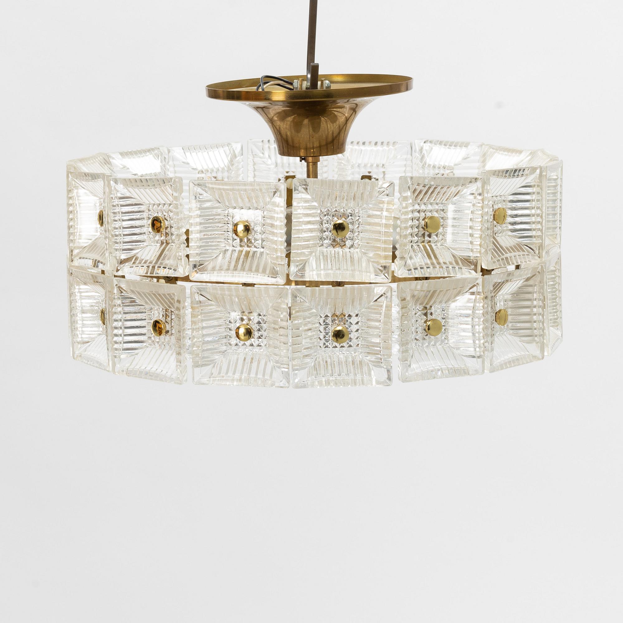 Carl Fagerlund, a glass and brass ceiling light, Orrefors, 1960'/70's.