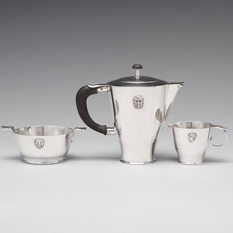 Wolter Gahn, kaffeservis, tre delar, nysilver, Swedish Grace, Karl Wojtech, Stockholm 1920-tal.